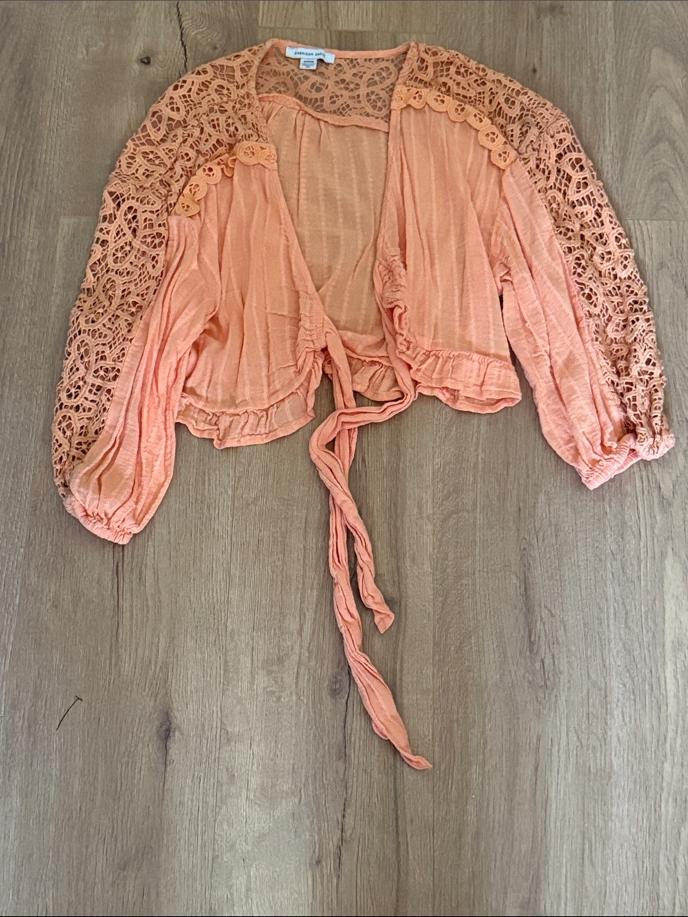American Eagle Outfitters Peach Crochet Tie-Front Crop Top